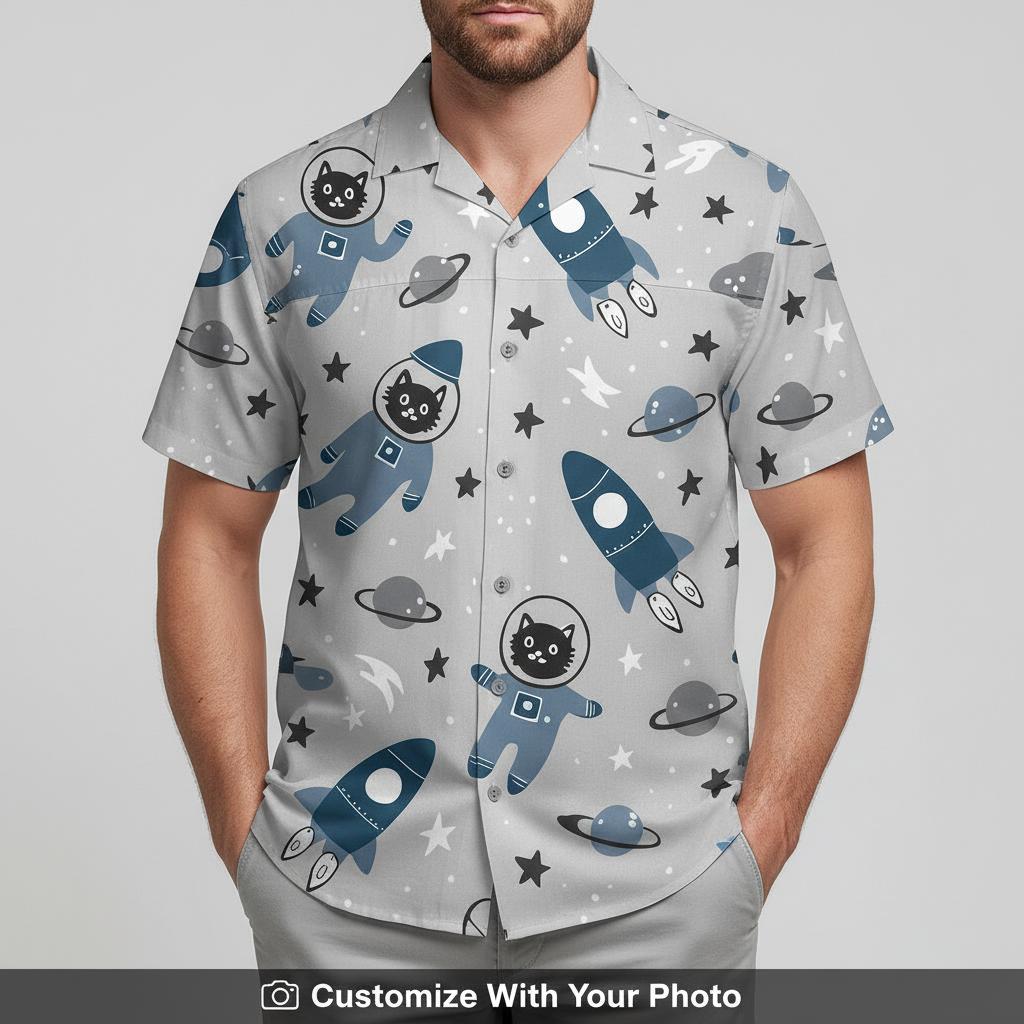 Man in Star Wars Hawaiian shirt featuring astronaut cat, rockets, and planets