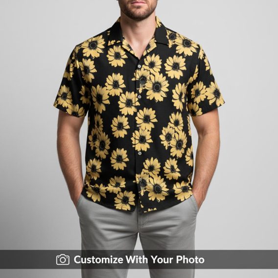Man wearing vintage tropical sunflower print Hawaiian shirt in black and yellow