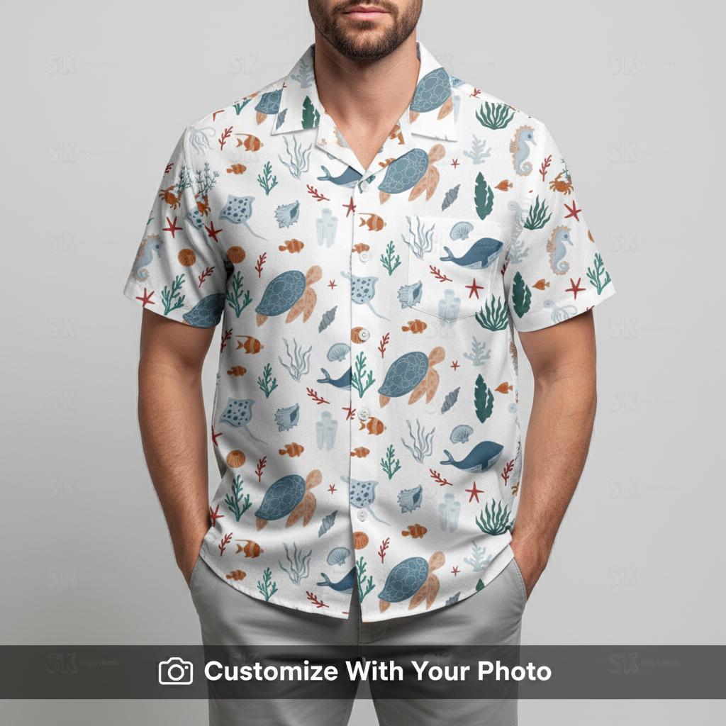 Man in comfortable fishing Hawaiian shirt with sea turtle, whale, and starfish design