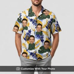 Man in white long sleeve Hawaiian shirt with custom face and vibrant tropical leaves
