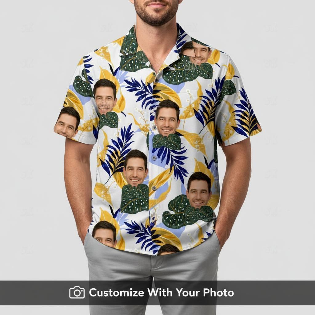 Man in white long sleeve Hawaiian shirt with custom face and vibrant tropical leaves