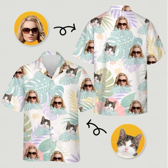 Person wearing sunglasses and cat faces on tropical floral print shirt with mint leaves