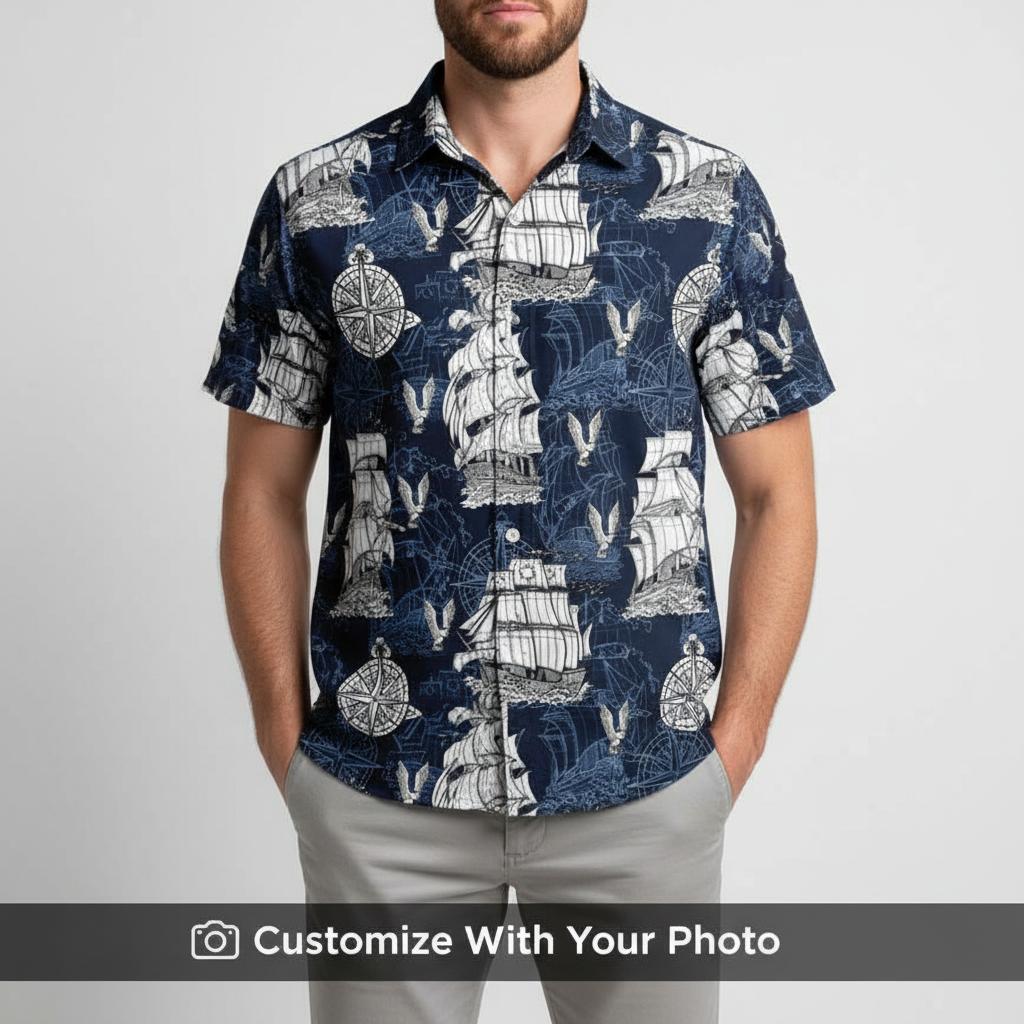 Man in Reyn Spooner & Tommy Bahama Hawaiian shirt with navy ships and maps