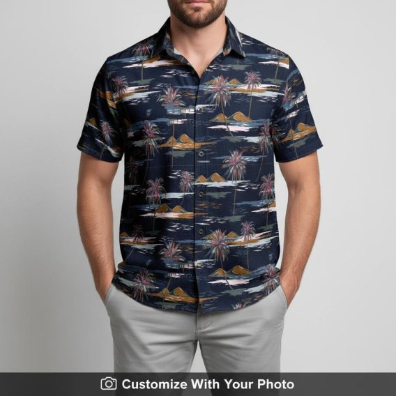 Man in vintage Hawaiian shirt with palm trees, mountains and tropical sunset print
