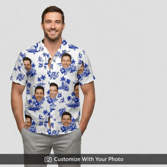 Man wearing vintage white silk Hawaiian shirt with custom face and blue sailboats