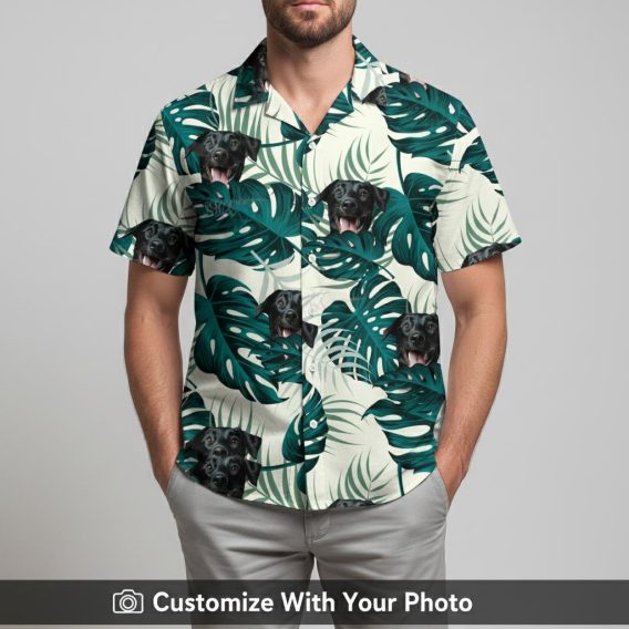 Man in a green and white Hawaiian shirt featuring custom dog face and tropical leaves