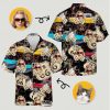 Hawaiian shirt displaying Route 66 signs vintage cars cat face person with sunglasses