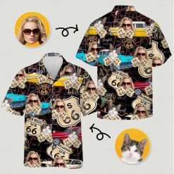Hawaiian shirt displaying Route 66 signs vintage cars cat face person with sunglasses