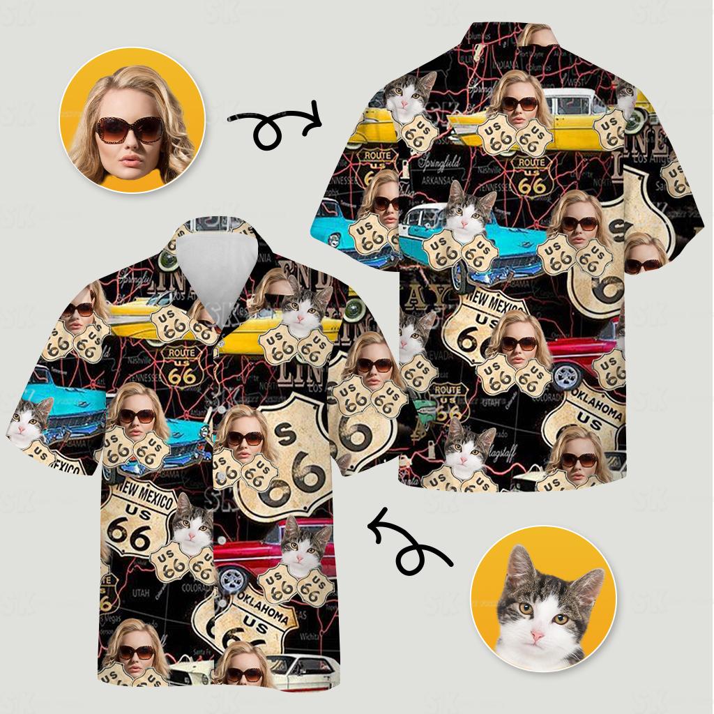 Hawaiian shirt displaying Route 66 signs vintage cars cat face person with sunglasses