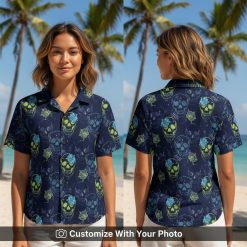 Woman wearing neon skull Hawaiian shirt with blue and lime green floral pattern outdoors
