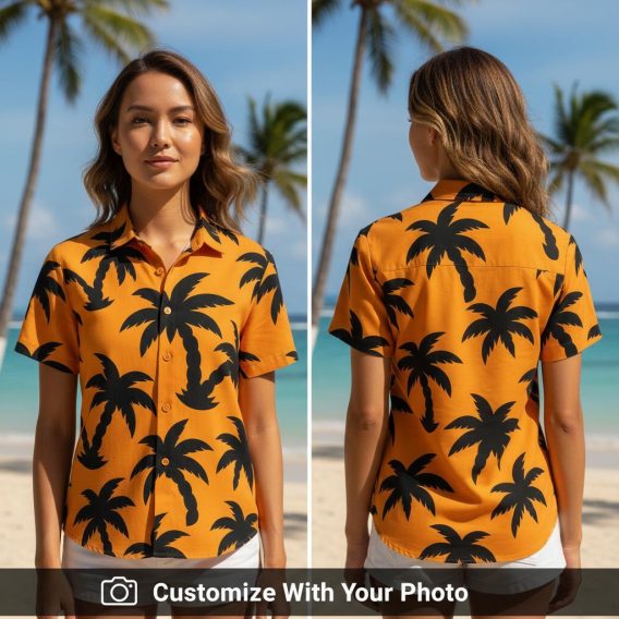 Woman wearing a bold orange Hawaiian shirt with black palm tree silhouettes outdoors