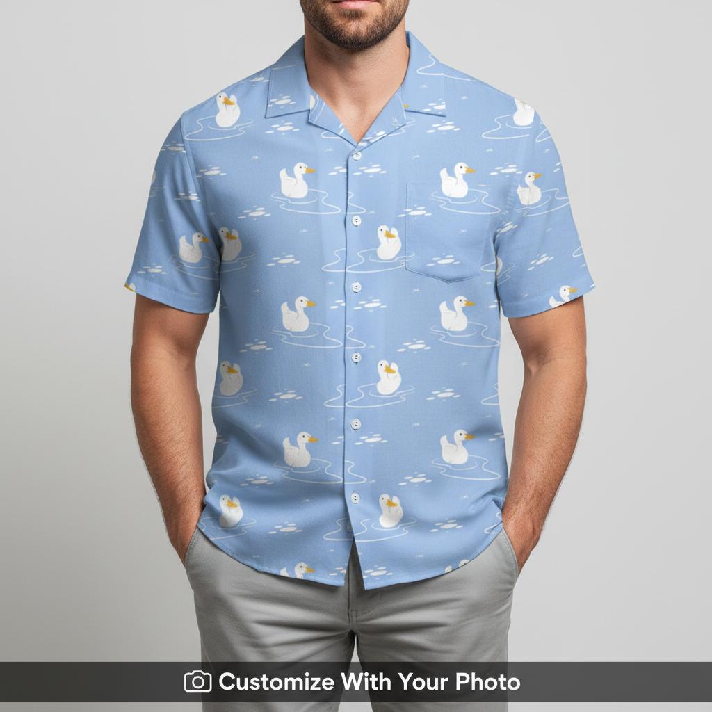 oregon ducks hawaiian shirt with white duck and blue print on man lakeside