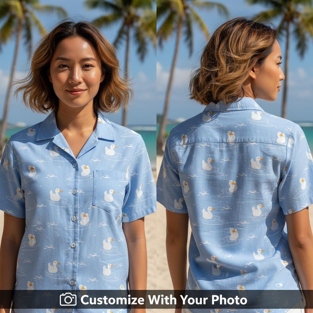 oregon ducks hawaiian shirt with white duck pattern on woman at lake