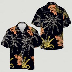 Mens pink hawaiian shirt shows large stylized palm leaves in orange yellow shades