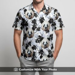 Hawaiian shirt with panda face print worn by man, black floral pattern outside