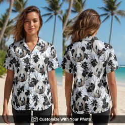 Hawaiian shirt with panda face print worn by woman in botanical garden setting