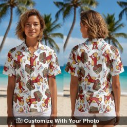 woman at beach party in white Hawaiian shirt with red parrot and treasure chest print