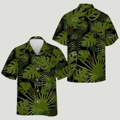 Cat print hawaiian shirt showing monstera leaves and palm fronds jungle pattern
