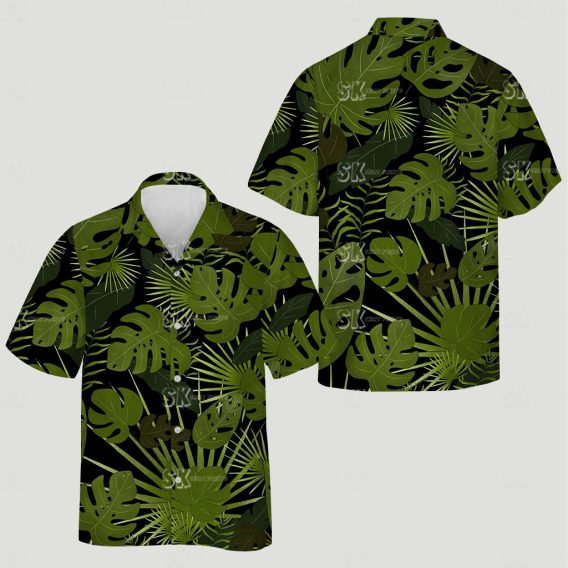 Cat print hawaiian shirt showing monstera leaves and palm fronds jungle pattern