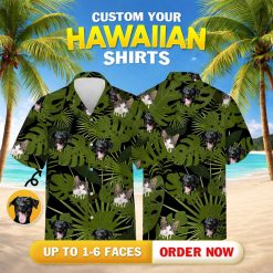 Custom cat hawaiian shirt displaying pet faces positioned among monstera leaf design