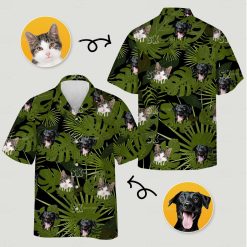 Tropical personalized cat hawaiian shirt with monstera leaves and cat dog faces