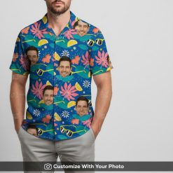 Man in personalized Hawaiian shirt featuring face design and tropical flower pattern