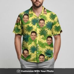 Man in yellow green Hawaiian shirt with custom face print and bold geometric palm pattern