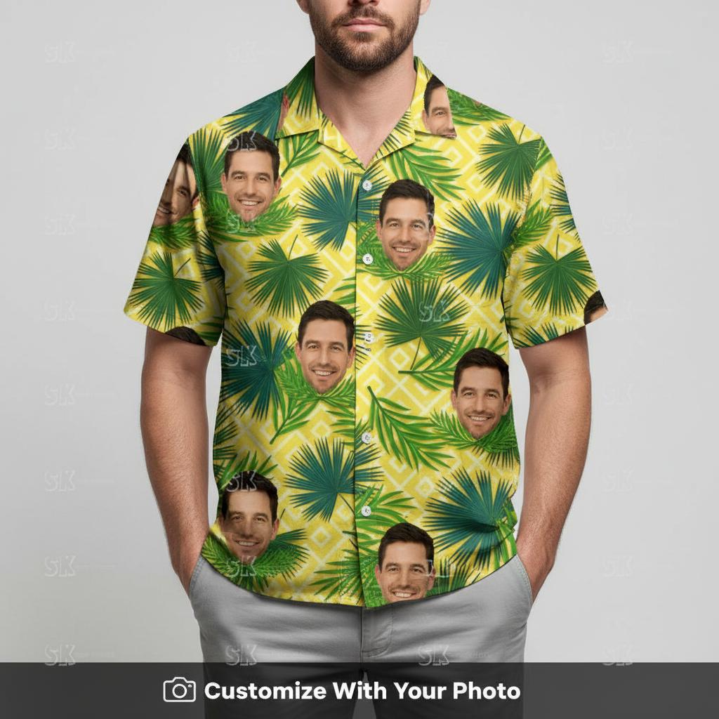 Man in yellow green Hawaiian shirt with custom face print and bold geometric palm pattern
