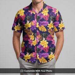 custom pet photo hawaiian shirt with tropical leaves worn by man on beach