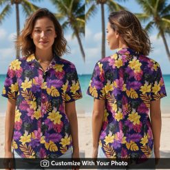 custom pet photo hawaiian shirt with tropical leaves worn by woman on beach