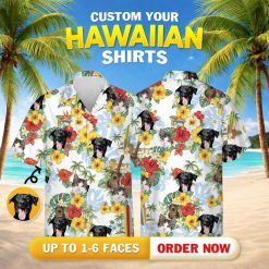 Pet photo tropical shirt displaying dog cat ukulele palm tree flower graphics
