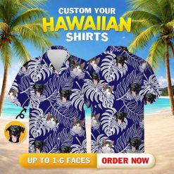 Pet portrait mens tropical print shirt showing dog and cat faces positioned between tropical leaves
