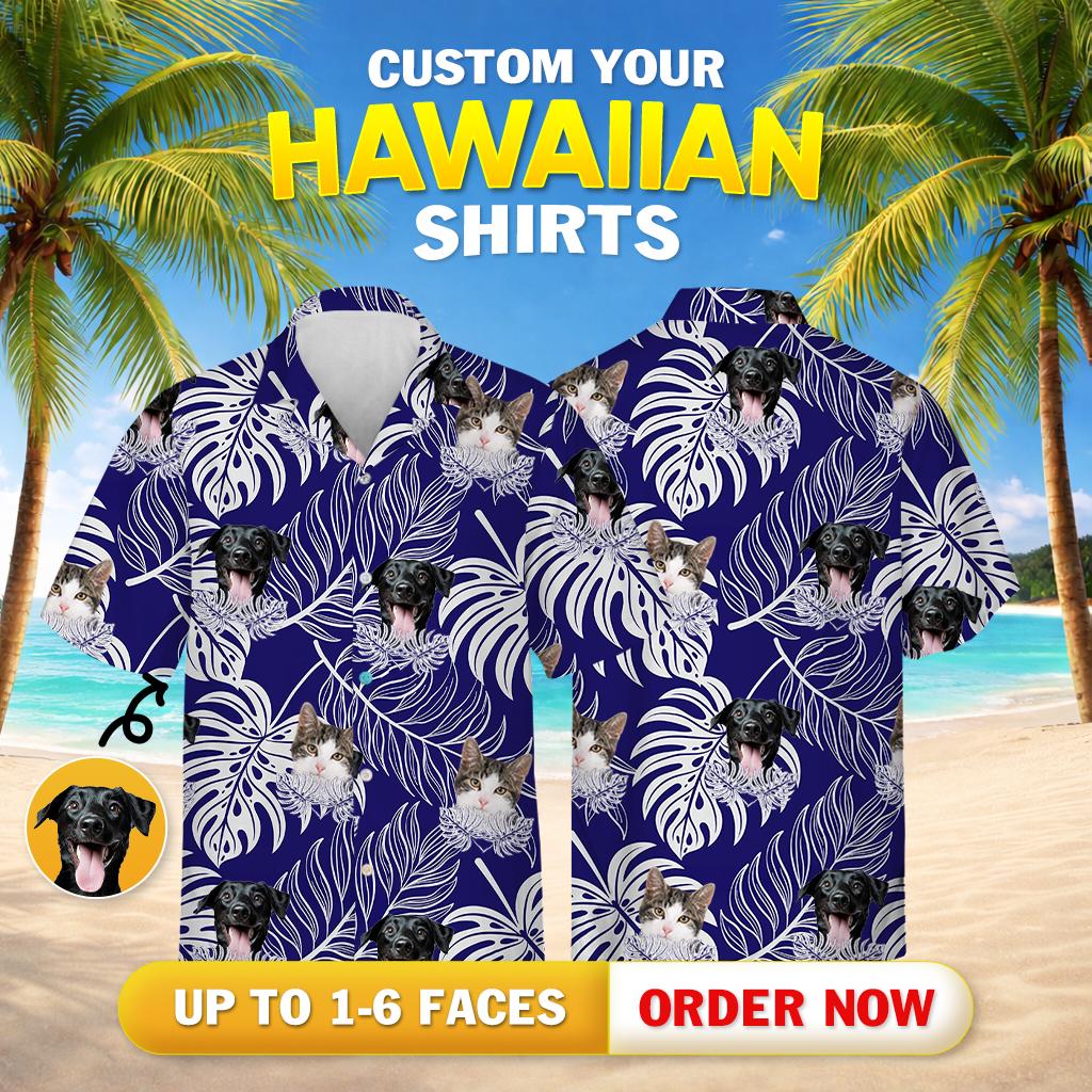 Pet portrait mens tropical print shirt showing dog and cat faces positioned between tropical leaves