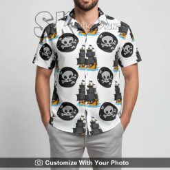 Man in white pirate Hawaiian shirt featuring skulls in circles and orange ships