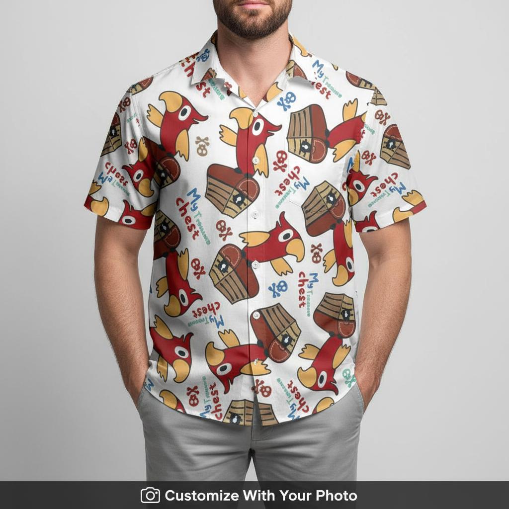 Pirate Parrot Hawaiian Shirt — Custom Photo Treasure Chest Design on White ALT: Parrot hawaiian shirt price comparison showing custom options at competitive prices