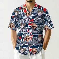 Man wearing racing car labeling hawaiian shirt with engine parts checkered patterns classic car hawaiian shirt