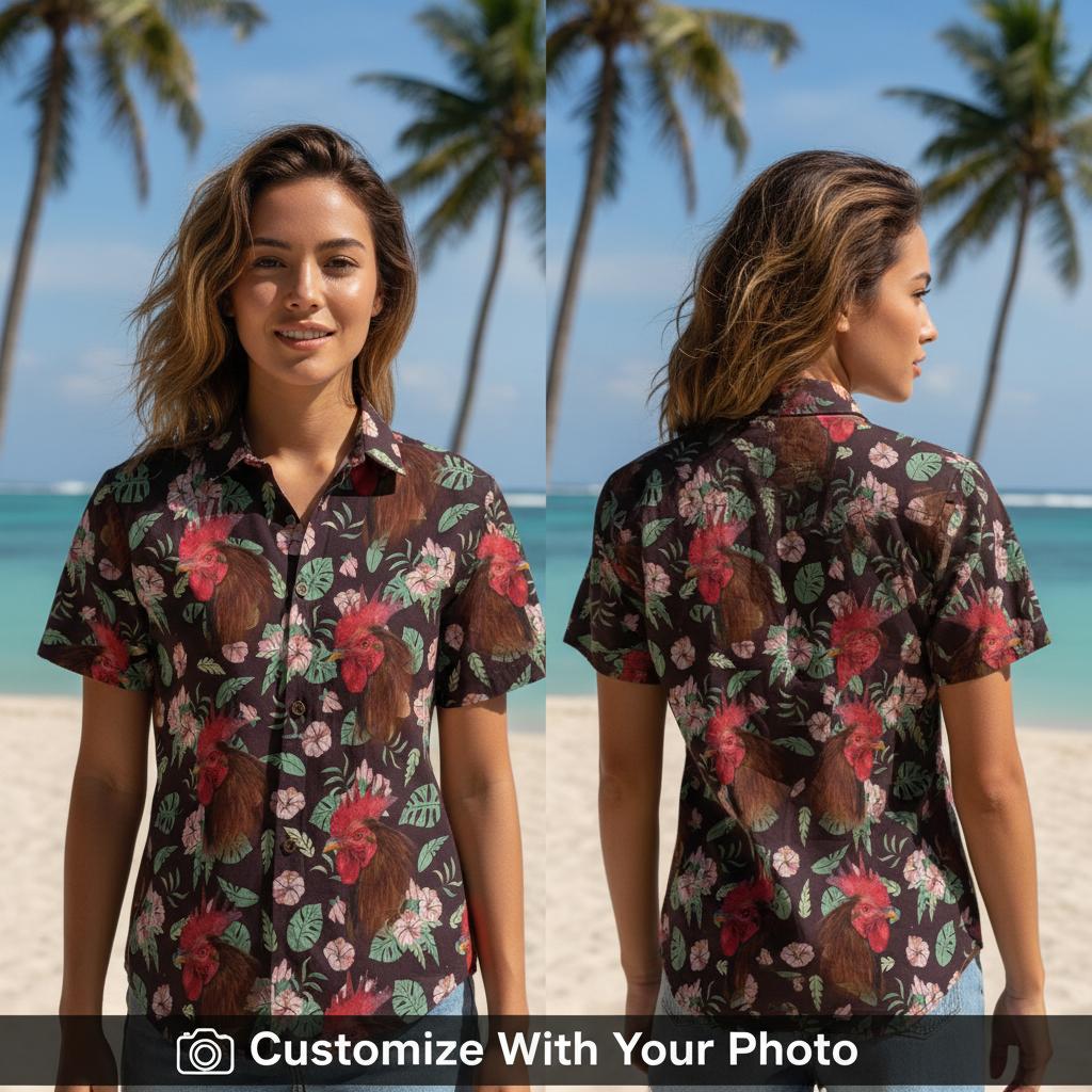 Red Rooster Hawaiian Shirt Custom Photo Print Dark Background Tropical ALT: Red Hawaiian shirt fabric comparison showing cotton rayon and blend materials