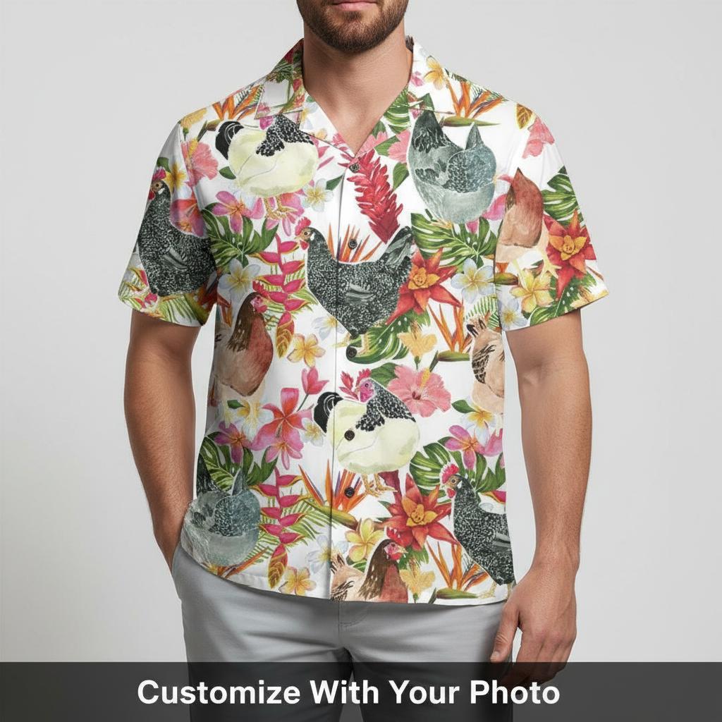 rooster hawaiian shirt with tropical chicken print worn by man on beach