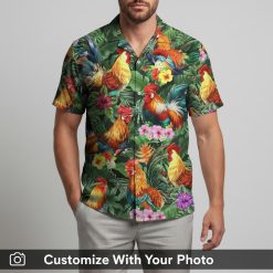 rooster hawaiian shirt with orange rooster print worn by man at tropical sunset
