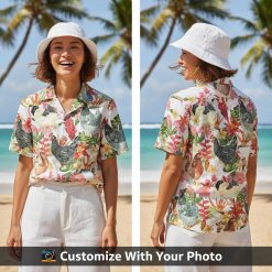 rooster hawaiian shirt with colorful chickens worn by woman at sunset beach