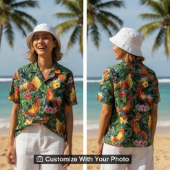 rooster hawaiian shirt with red roosters and flowers worn by woman at beach party
