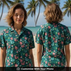 rubber duck hawaiian shirt with flamingos and watermelon worn by woman at sunset