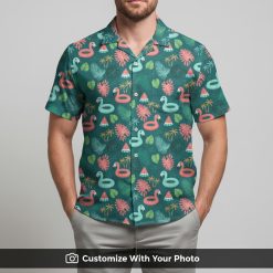 rubber duck hawaiian shirt with palm trees and watermelon on man beachside