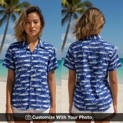 san jose sharks hawaiian shirt with blue shark print worn by woman at seaside cafe