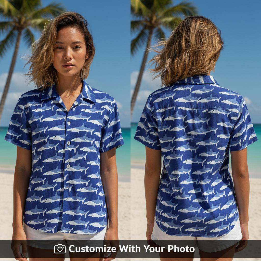 San Jose Sharks Hawaiian Shirt - Custom Photo Print Sports Fan Shirt ALT: Five custom shark Hawaiian shirt designs featuring personalized photos in different ocean adventure scenarios