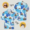 Short sleeve womens hawaiian shirts featuring blue tropical leaves with woman and cat faces