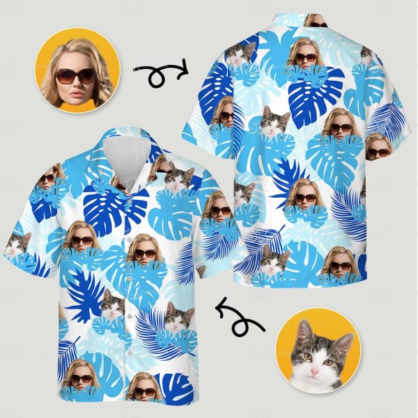 Short Sleeve Womens Hawaiian Shirts Blue Tropical Custom Photo