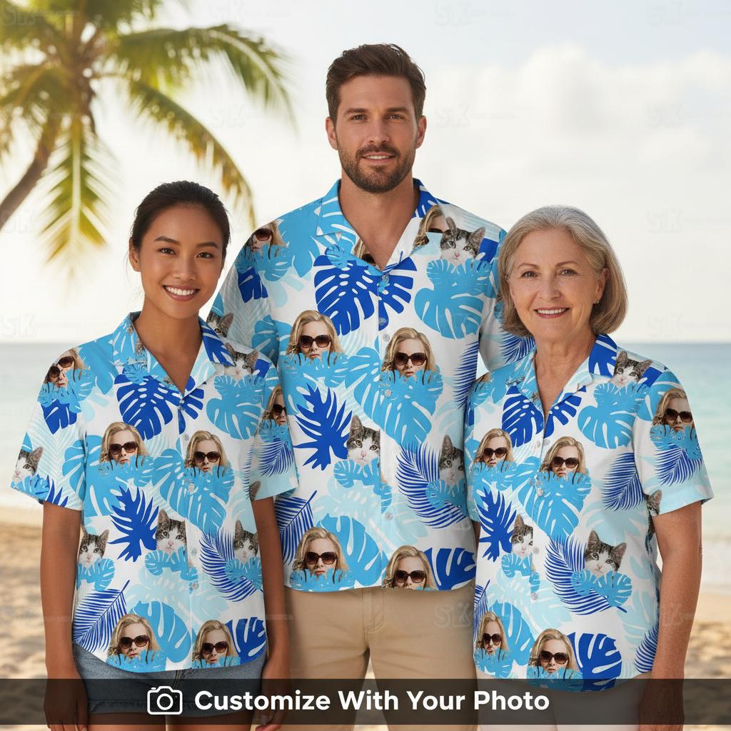 Three people wearing matching family hawaiian shirts outdoors with identical tropical patterns Group of three people wearing matching short sleeve womens hawaiian shirts outdoors together