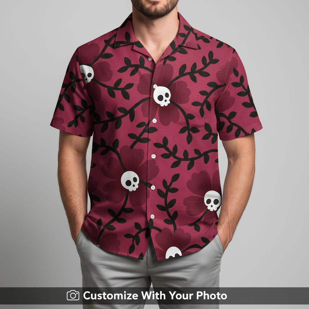 burgundy skull hawaiian shirt — gothic floral burgundy skulls man wearing