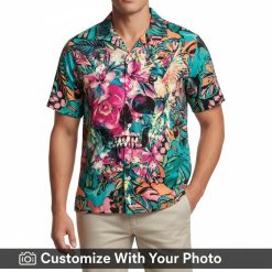 skull tropical flower hawaiian shirt with bold colors on man at beach party